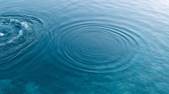 Concentric water ripples spreading across clear blue surface with pebble floor for meditation and calm backgrounds.