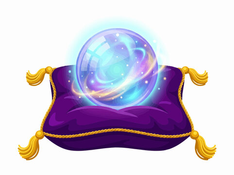 Magical crystal ball with glowing galaxy orb on purple royal cushion vector illustration for mystery and astrology prediction concept