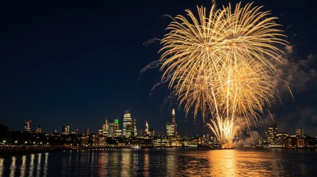 Fireworks exploding over city skyline at night