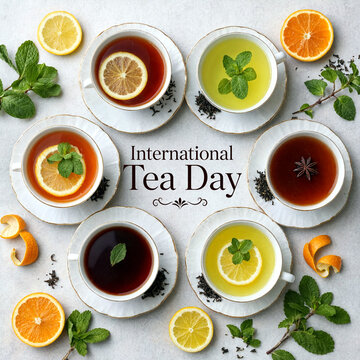 Celebrate international tea day with various flavored teas and citrus fruits beautifully arranged