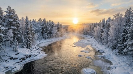Sunset over calm forest river at dusk © Zahid