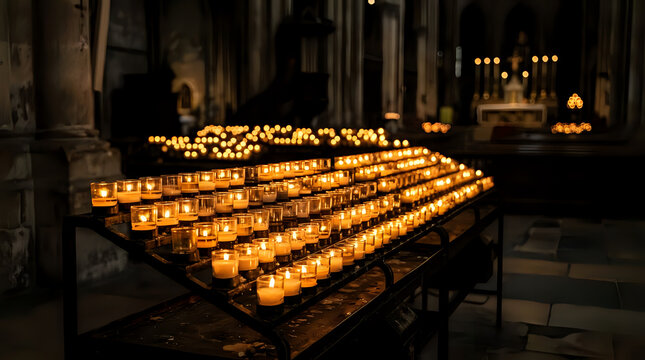 Rows of burning memorial votive candles glowing inside dark church sanctuary with memorial religion sanctuary interior spiritual meditation ceremony