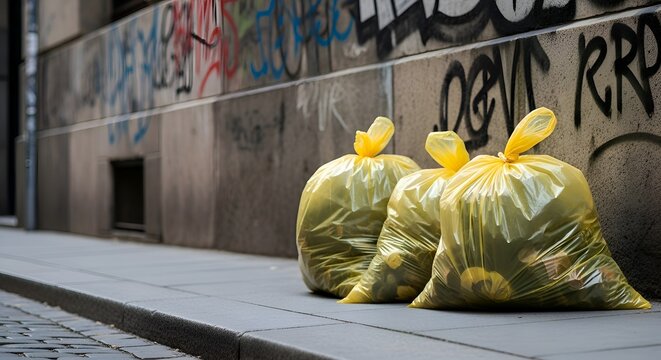 Yellow trash bags on urban street with graffiti wall.