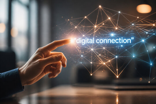 A hand points at a glowing digital network visualization on a desk in an office setting.