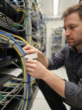 IT Technician meticulously organizing network cables in a high-tech datacenter server room