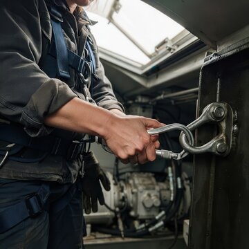 Technician secures a heavy-duty carabiner to a metallic anchor point