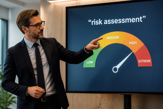A businessman points at a risk assessment gauge on a large screen in an office setting.