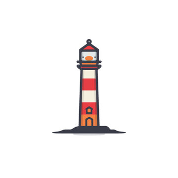 A flat vector illustration of a red and white lighthouse icon standing on a rocky island for ocean safety and maritime navigation concepts isolated on transparent background, Vector