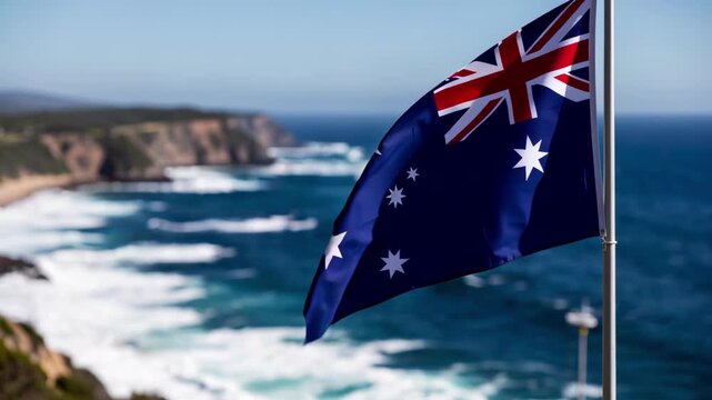 Australian Flag Above Ocean Cliffs.