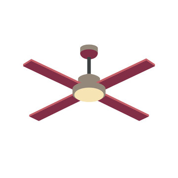 Modern ceiling fan with light fixture and dark red blades for home interior decoration isolated on transparent background, Vector