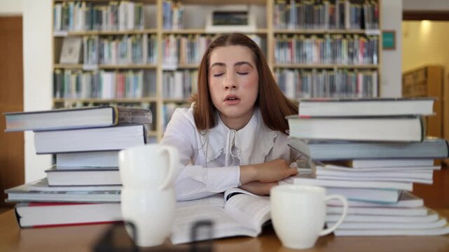 Exhausted student struggles to stay awake among piles of books after hours of exam preparation as fatigue and academic pressure make it hard to continue studying longer