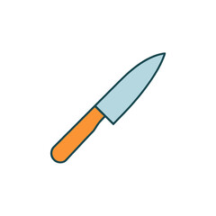 Obraz premium Simple flat vector icon of a sharp kitchen knife with an orange handle and light blue steel blade used for cooking and food preparation isolated on transparent background, Vector