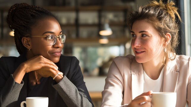 Two women enjoying coffee conversation indoors.