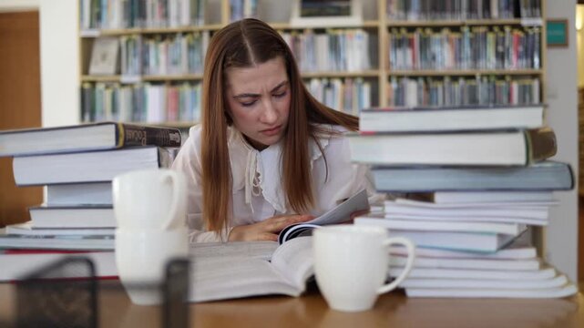 Focused student continues reading difficult material in a library despite fatigue pushing herself to understand complex topics during demanding final exam preparation now