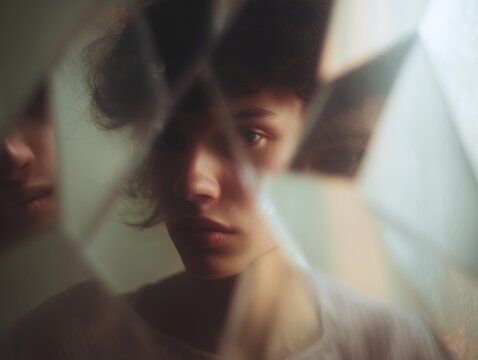 Fragmented mirror reflection portrait showing a person across multiple shards for dramatic editorial layout and moody background design