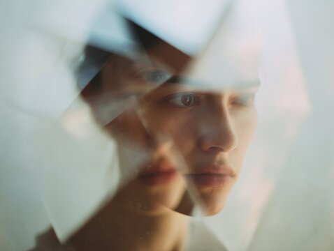Fragmented mirror reflection portrait with multiple overlapping faces for psychological concept background and editorial design