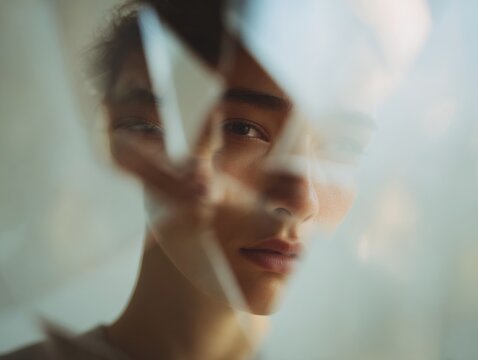Fragmented mirror portrait with reflected face shards for editorial background and psychological concept