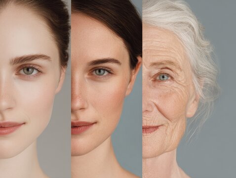 Portrait age progression triptych showing youthful mature and elderly skin for skincare, medical or educational banner design