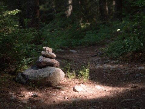 Stacked stone cairn beside a forest trail in soft sunlight for nature background and hiking path poster design