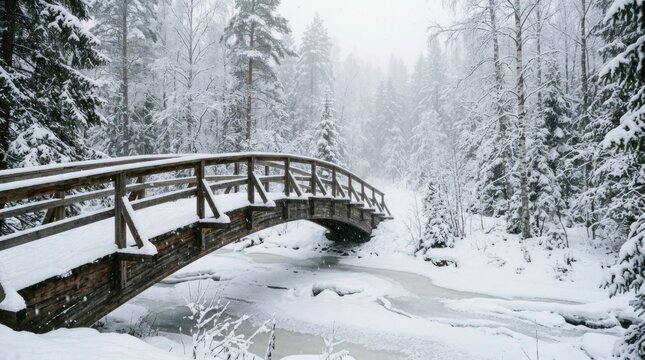 Snowy wooden bridge in a winter forest