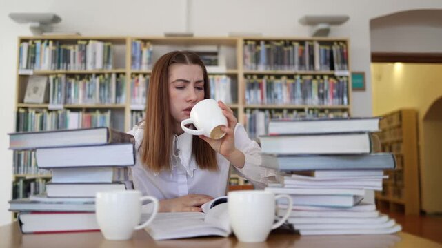 Overworked student checks another empty coffee cup in disbelief after drinking more than three while studying hard in a library and preparing for demanding final exams all day
