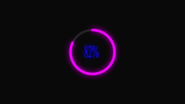 Bright neon purple circular loading bar showing eighty two percent progress with blue text isolated on a dark background for digital interface design and web technology data upload concepts
