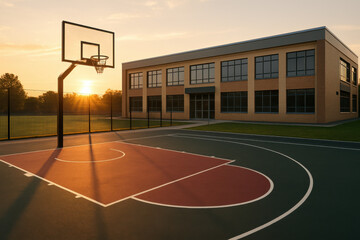 Fototapeta premium Modern outdoor basketball court beside school building at sunrise with warm light and peaceful atmosphere for sports education and healthy lifestyle concept