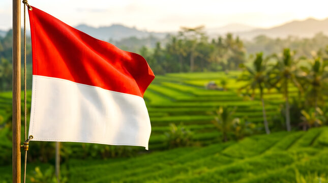 Indonesian national flag waving over scenic rice terrace landscape with national