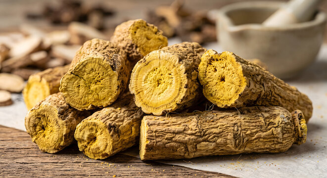 Macro close up of dried licorice root slices for herbal medicine and natural cosmetics
