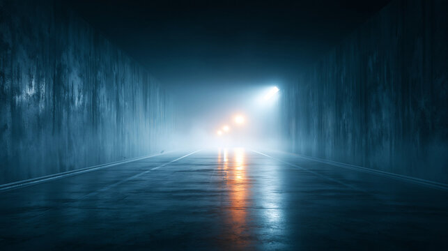 Dark, moody industrial tunnel with concrete walls and light at the end creating a mysterious and foreboding atmosphere.