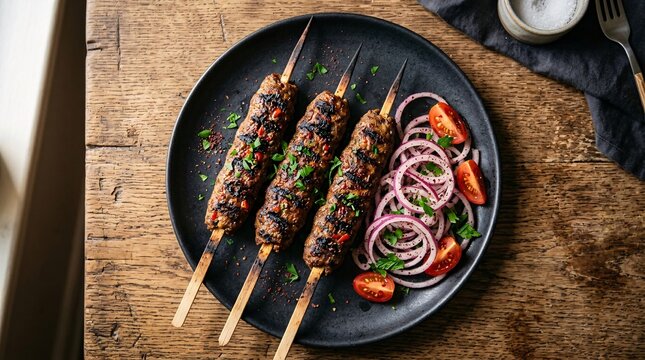 Close-up shot of three delicious roasted lamb shish kebabs on wooden skewers alongside sliced red onions and juicy tomatoes on a black ceramic plate placed on an old rustic wooden surface.