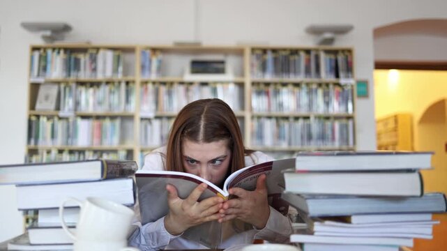 Frustrated student stares intensely into a textbook trying to make sense of confusing material as difficult exam preparation tests her patience and determination all day