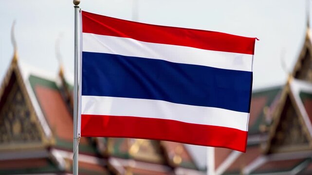 Thai Flag Waving With Temple Backdrop.