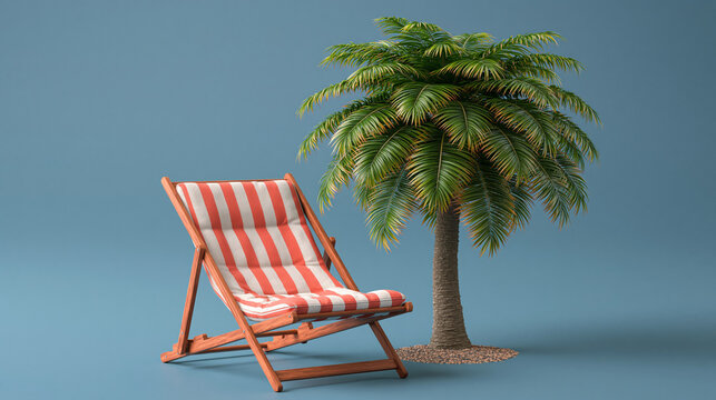 Deck chair and palm tree on blue background for summer vacation relaxation and leisure.