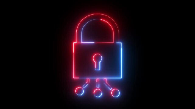 Glowing neon red and blue color cyber security lock icon animation encryption privacy protection secret padlock icon on black background	