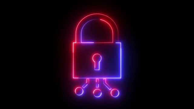 Glowing neon red and blue color cyber security lock icon animation encryption privacy protection secret padlock icon on black background	