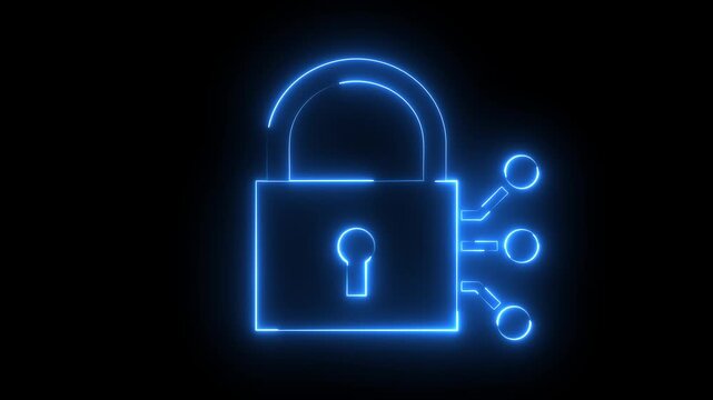 Glowing neon blue color cyber security lock icon animation encryption privacy protection secret padlock icon on black background	