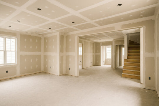 Unfinished modern house interior with drywall installation and open floor plan real estate construction concept showing natural light and wooden stairs