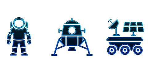 Space exploration icon set with astronaut, lunar lander, and rover vehicle in glowing blue style, isolated on transparent background © Yasmin
