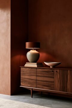 Mid century modern walnut sideboard with a ceramic lamp and sculptural decor in a sophisticated vintage modern interior, autumn mood.