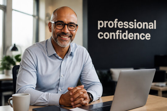 A smiling, bald man in a light blue shirt sits at a desk with a laptop and the text "professional confidence" behind him.