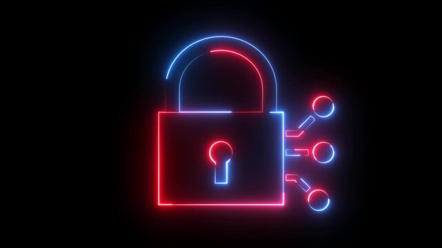 Glowing neon red and blue color cyber security lock icon animation encryption privacy protection secret padlock icon on black background	