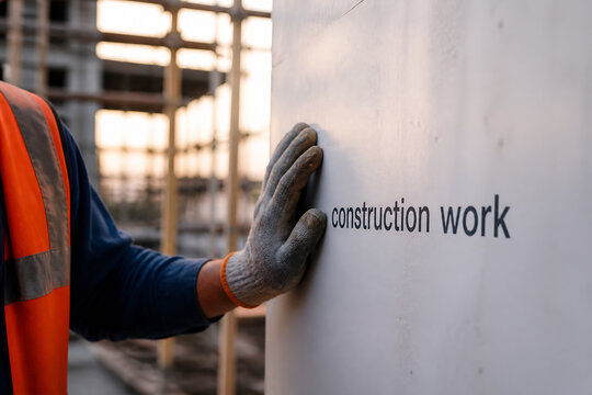 A construction worker in an orange vest touches a concrete pillar labeled "construction work" on a building site.