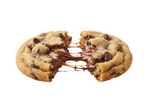 Delicious chocolate chip cookie broken in half with melted gooey chocolate strings