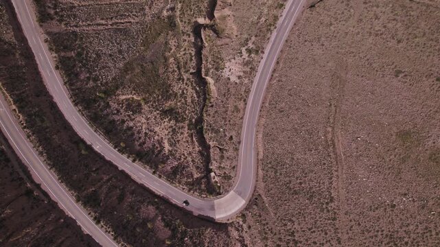 4K drone aerial view of Cuesta de Lip&aacute;n, Jujuy, Argentina. Spectacular winding mountain road climbing through the Andes with dramatic curves, rugged landscapes and breathtaking high altitude scenery.