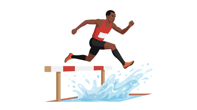 Male steeplechase runner jumping over water hurdle
