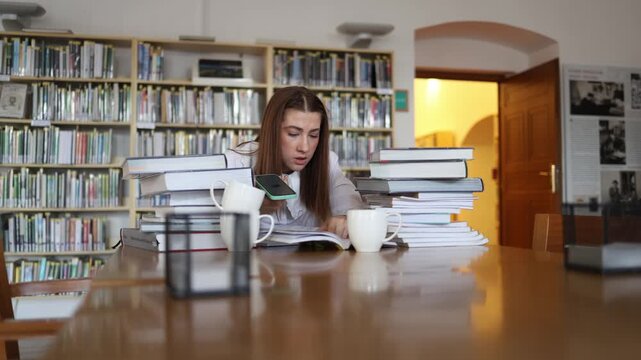 Young woman studies from books in a library while checking her smartphone combining traditional research with digital tools to find answers and understand difficult topic