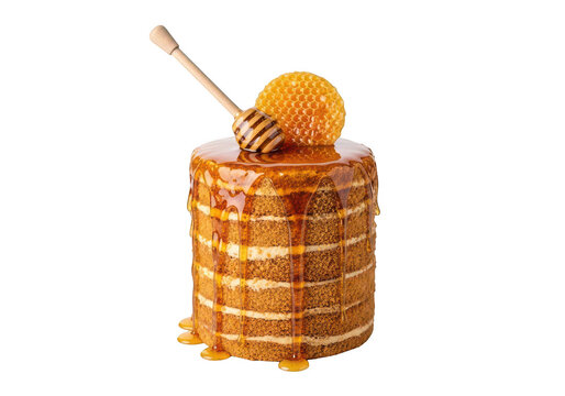Honey cake with honeycomb and dipper on transparent background sweet dessert