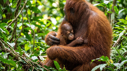 Close up of a newborn Sumatran Orangutans (pongo pygmaeus) is a subspecies of Sumatra, in rainforest, Sumatra, Indonesia.  © pinan