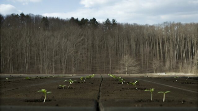 Growing plants in timelapse, Sprouts Germination newborn seedling plant in guano on ground with forest background.
